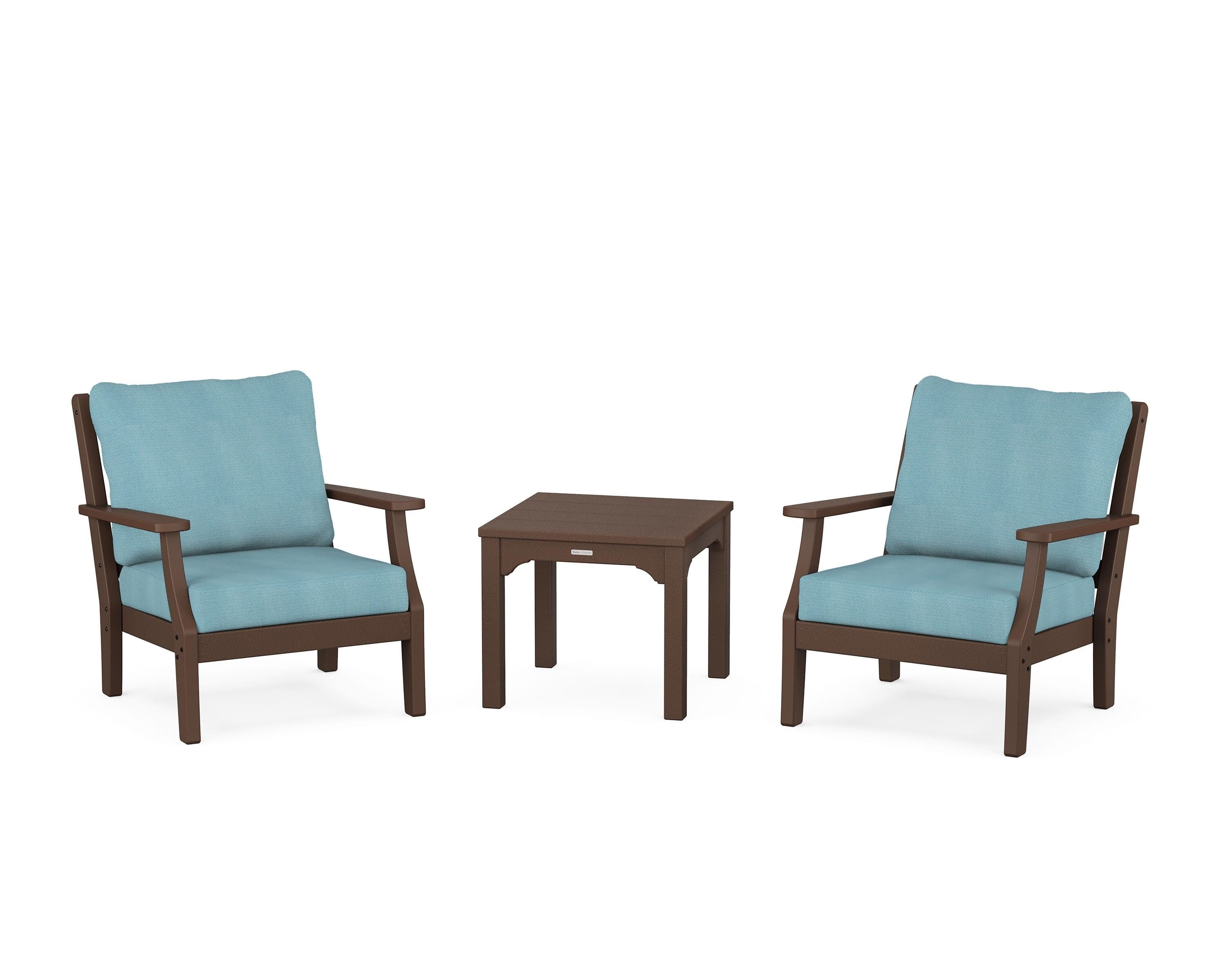 Martha Stewart by POLYWOOD® Chinoiserie 3-Piece Deep Seating Set in Mahogany / Lattice Sky Blue