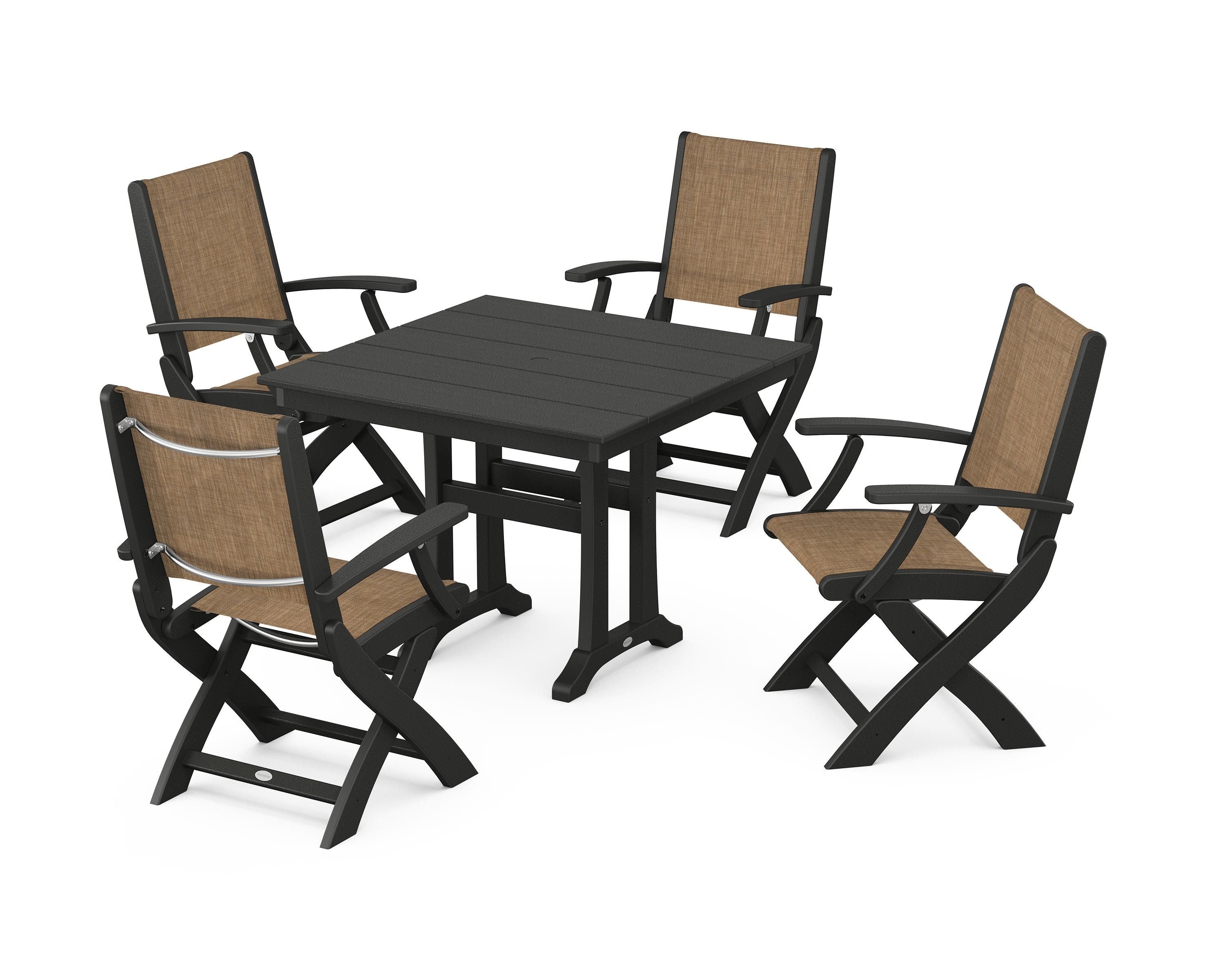 POLYWOOD® Coastal Folding Chair 5-Piece Farmhouse Dining Set With Trestle Legs in Black / Burlap Sling