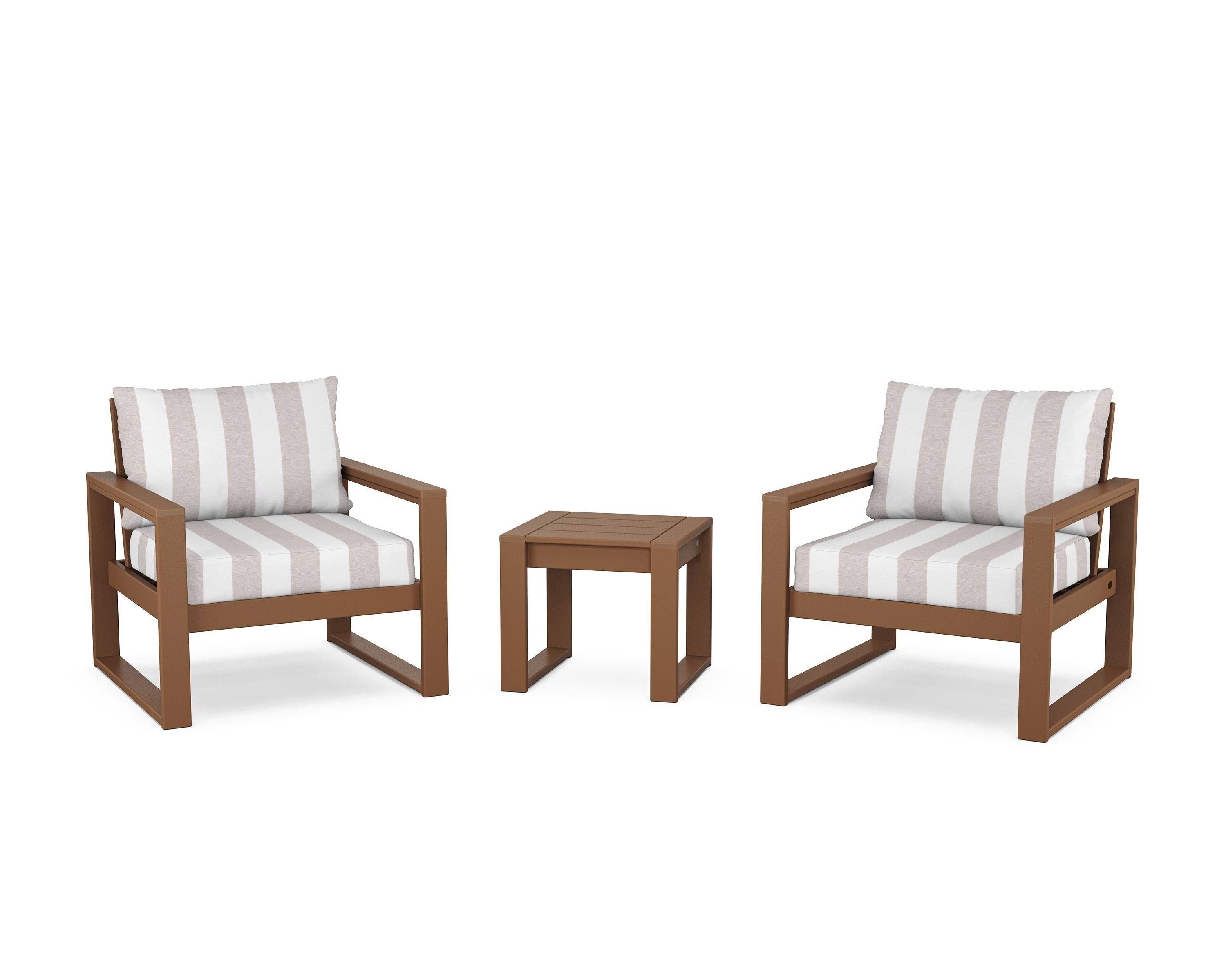POLYWOOD® EDGE Sectional 3-Piece Deep Seating Set in Teak / Cabana Stripe Dune Burlap