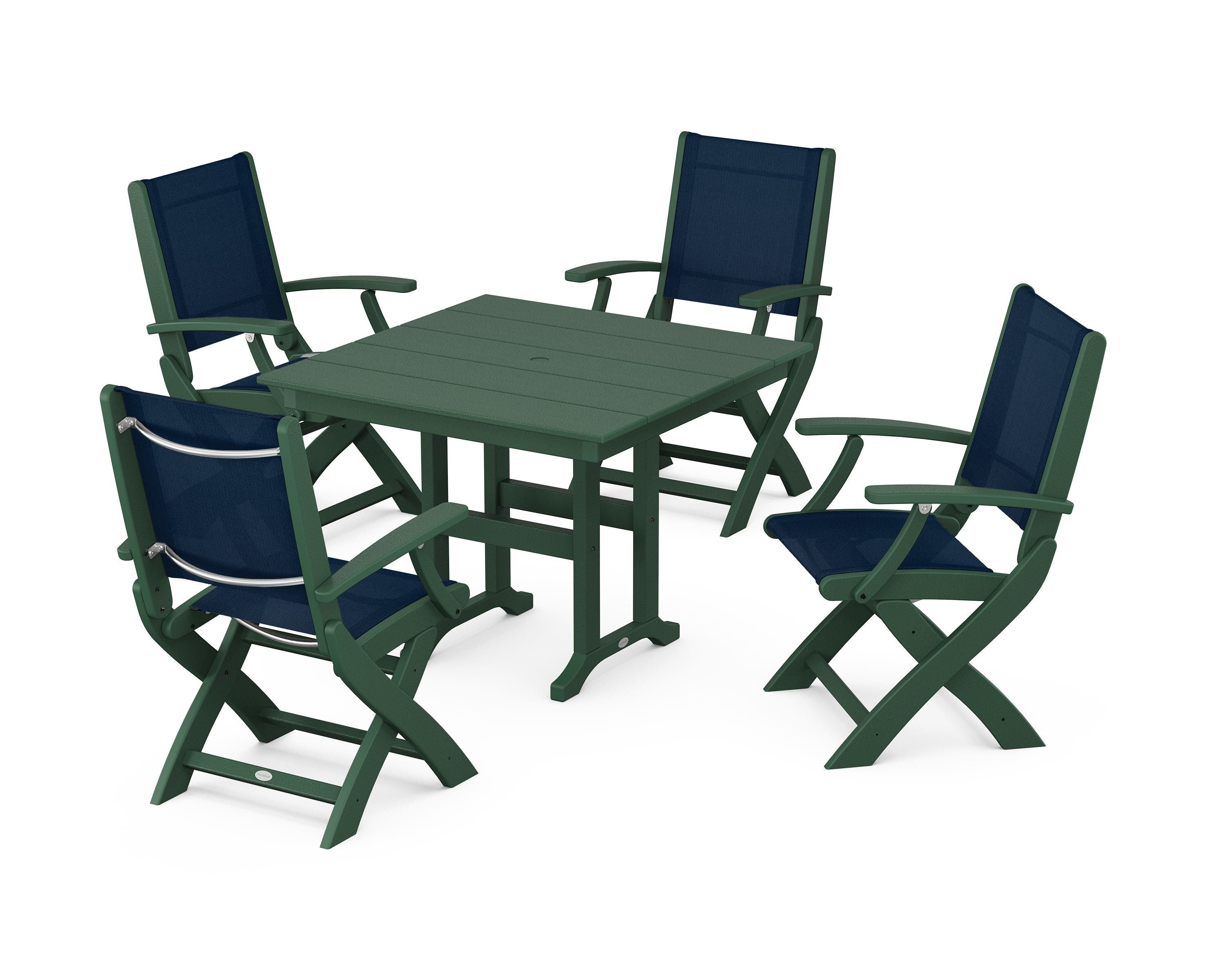 POLYWOOD® Coastal Folding Chair 5-Piece Farmhouse Dining Set in Green / Navy Blue Sling