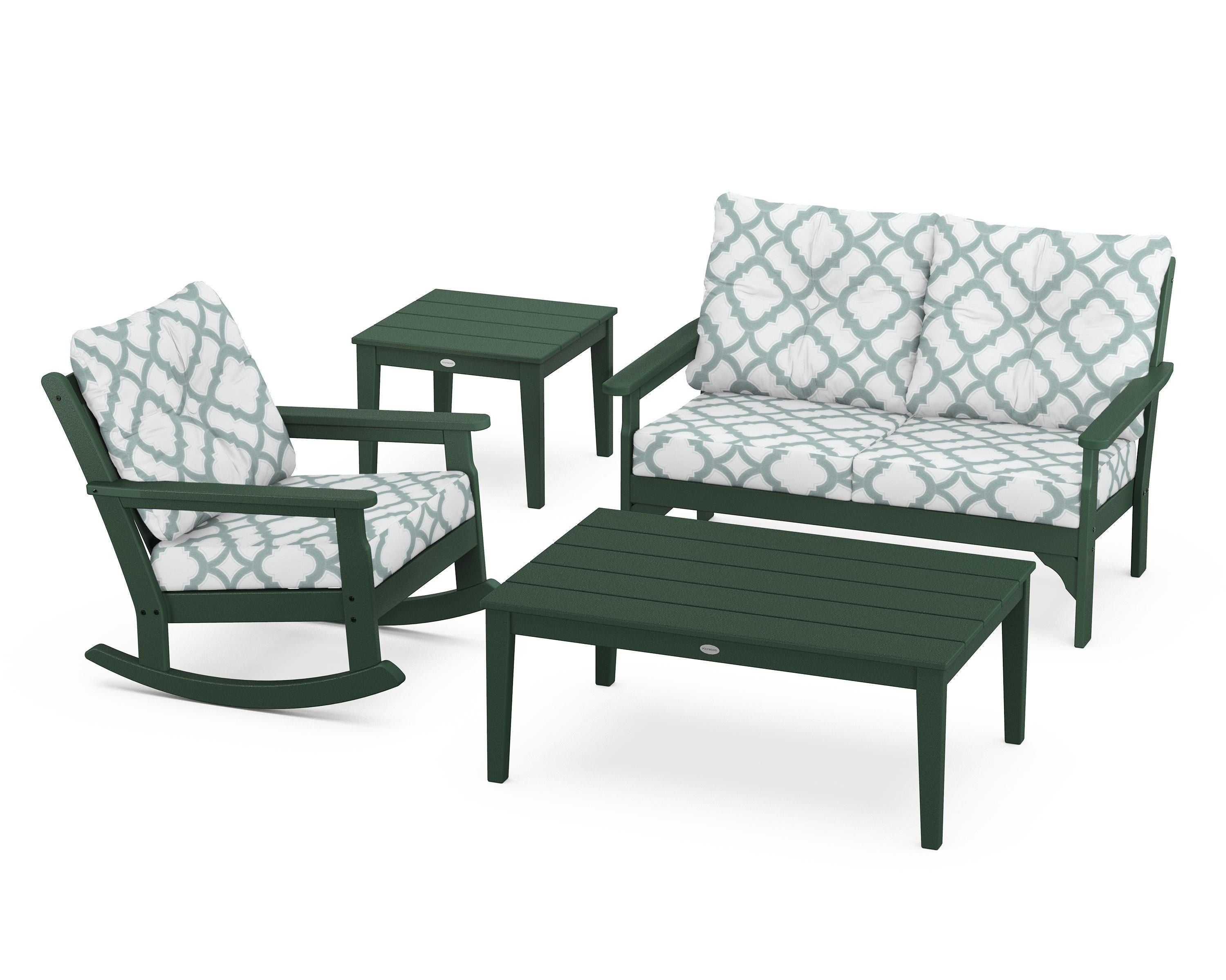 POLYWOOD® Vineyard 4-Piece Deep Seating Rocker Set in Green / Trellis Glacier Spa