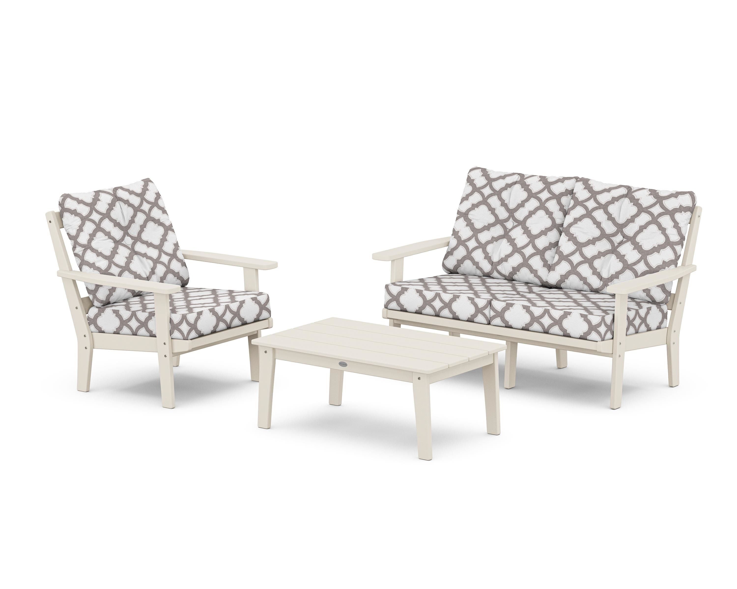 POLYWOOD® Oxford 3-Piece Deep Seating Set with Loveseat in Sand / Trellis Grey Mist
