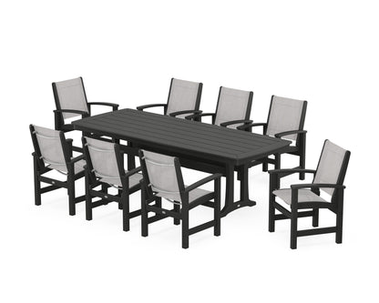 POLYWOOD® Coastal 9-Piece Dining Set with Trestle Legs in Black / Parchment Sling