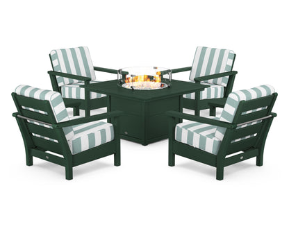 POLYWOOD® Harbour 5-Piece Conversation Set with Fire Pit Table in Green / Cabana Stripe Glacier Spa