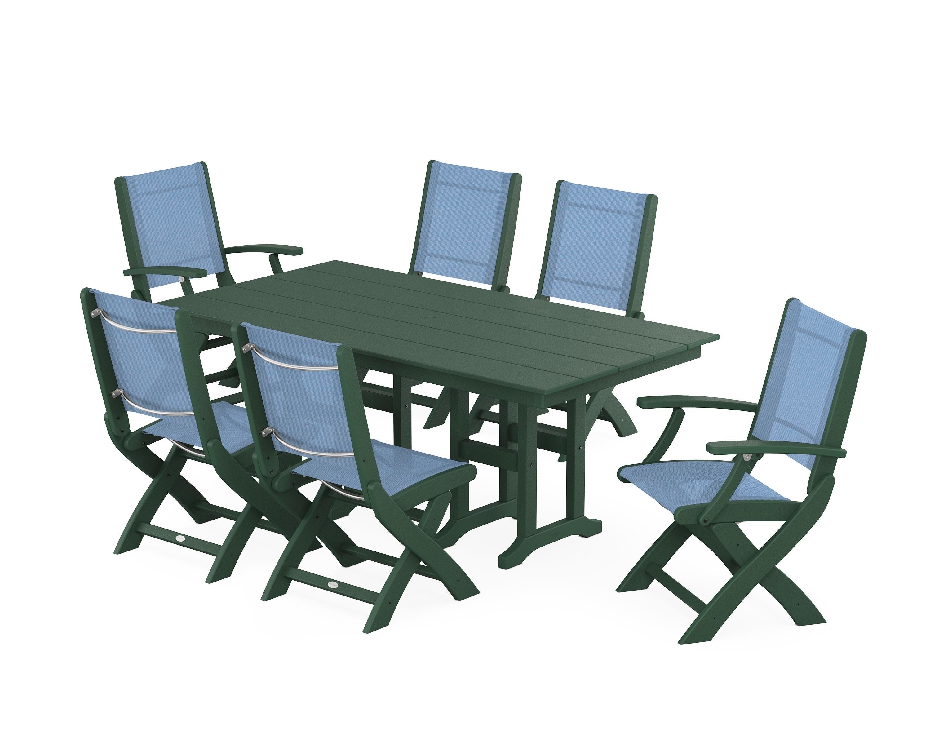 POLYWOOD® Coastal Folding Chair 7-Piece Farmhouse Dining Set in Green / Poolside Sling