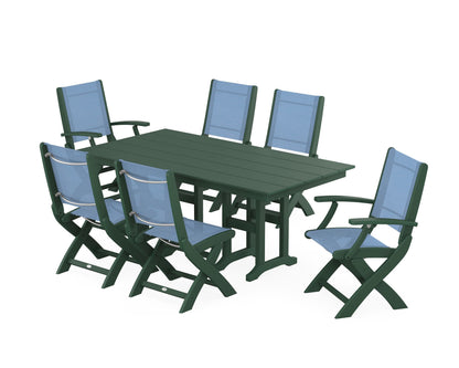 POLYWOOD® Coastal Folding Chair 7-Piece Farmhouse Dining Set in Green / Poolside Sling