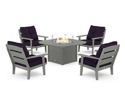 POLYWOOD® Lakeside 5-Piece Deep Seating Set with Nautical Fire Pit Table in Slate Grey / Navy Linen
