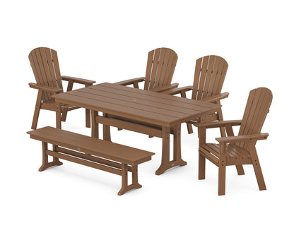 POLYWOOD® Nautical Curveback Adirondack 6-Piece Farmhouse Dining Set with Trestle Legs and Bench in Teak