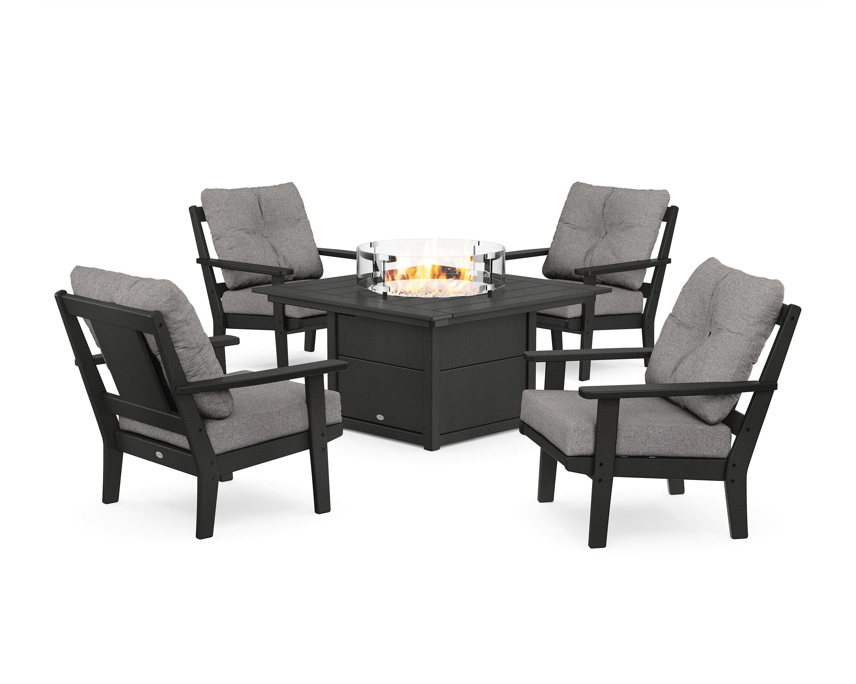 POLYWOOD® Prairie 5-Piece Deep Seating Set with Fire Pit Table in Black / Grey Mist