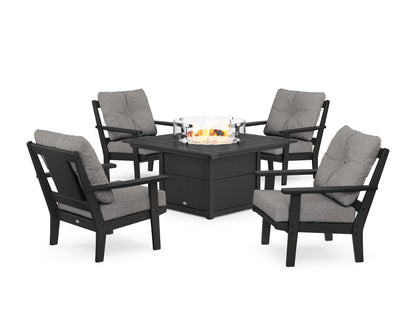 POLYWOOD® Prairie 5-Piece Deep Seating Set with Fire Pit Table in Black / Grey Mist
