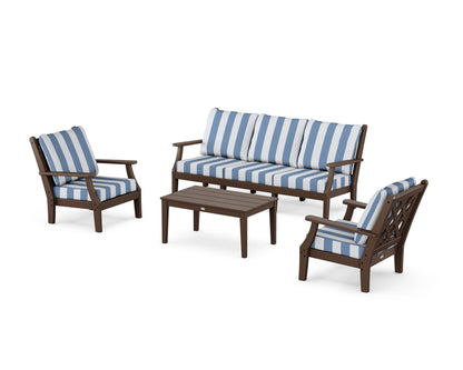 Country Living Wovendale 4-Piece Deep Seating Set with Sofa in Mahogany / Cabana Stripe Sky Blue