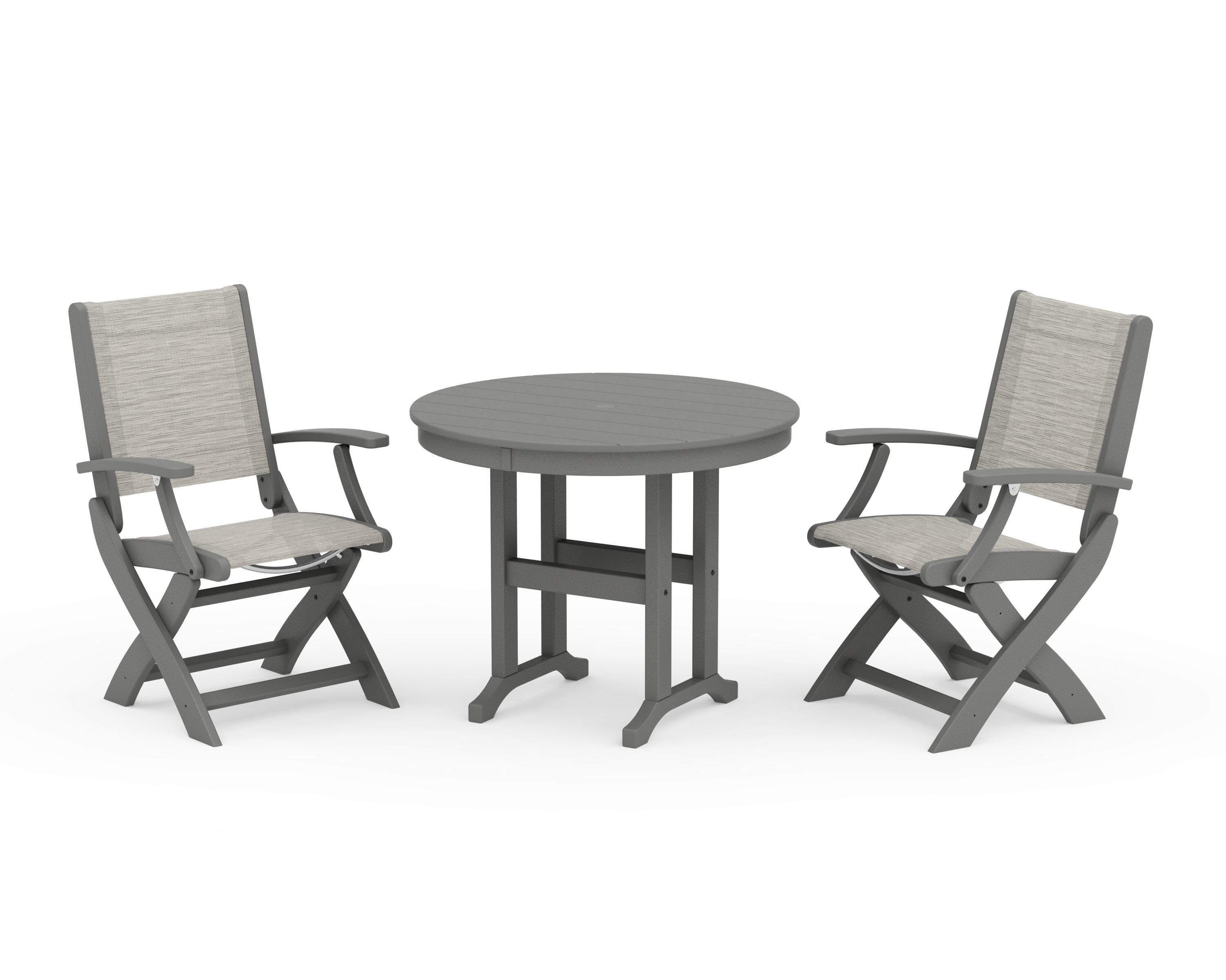 POLYWOOD® Coastal Folding Chair 3-Piece Round Dining Set in Slate Grey / Birch Sling