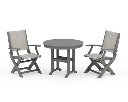 POLYWOOD® Coastal Folding Chair 3-Piece Round Dining Set in Slate Grey / Birch Sling