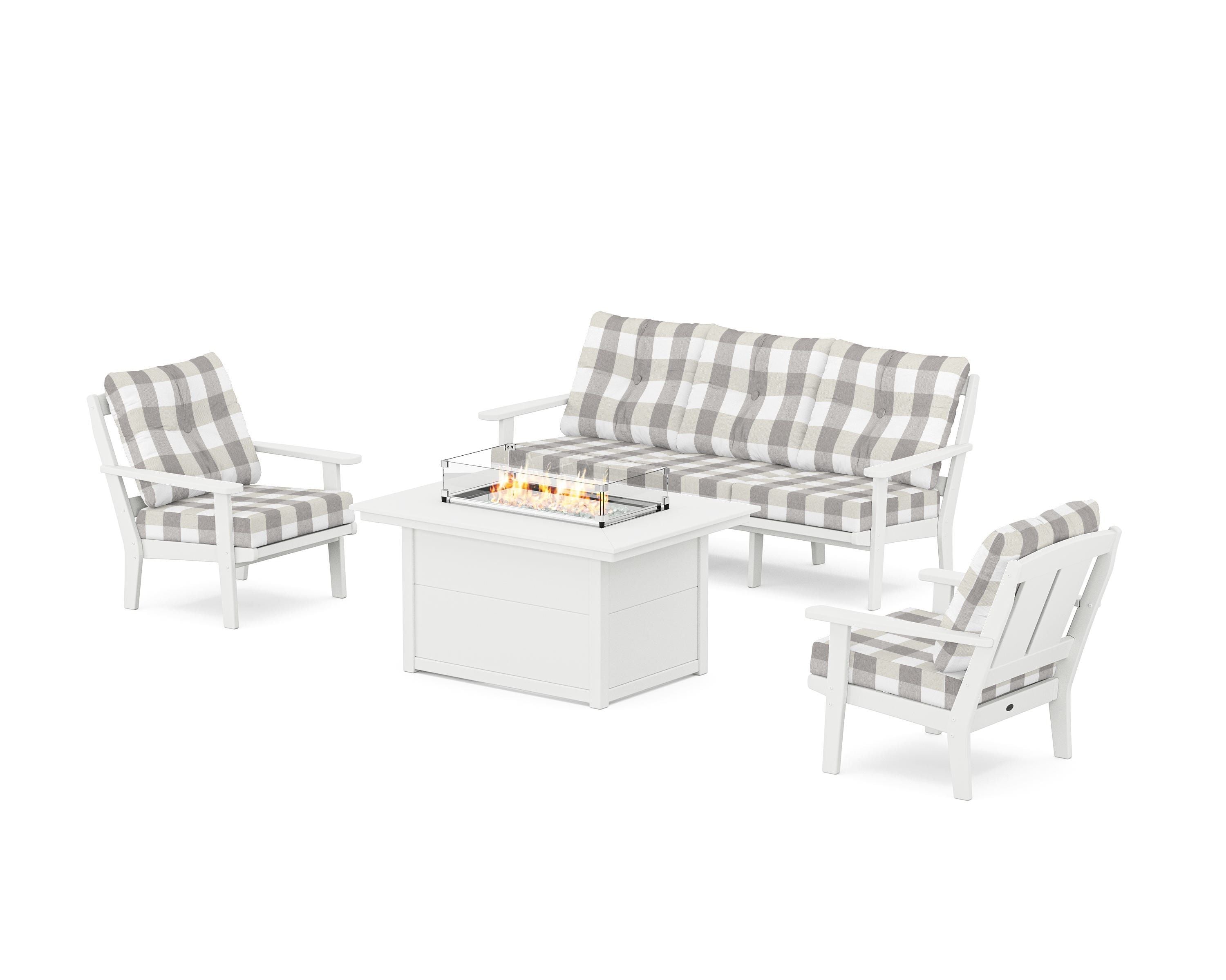 POLYWOOD® Mission Deep Seating Fire Pit Table Set in White / Buffalo Plaid Grey Mist
