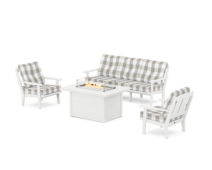 POLYWOOD® Mission Deep Seating Fire Pit Table Set in White / Buffalo Plaid Grey Mist