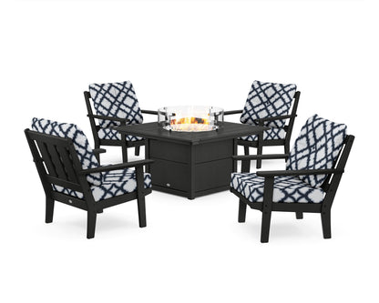 POLYWOOD® Oxford 5-Piece Deep Seating Set with Fire Pit Table in Black / Trellis Marine Indigo