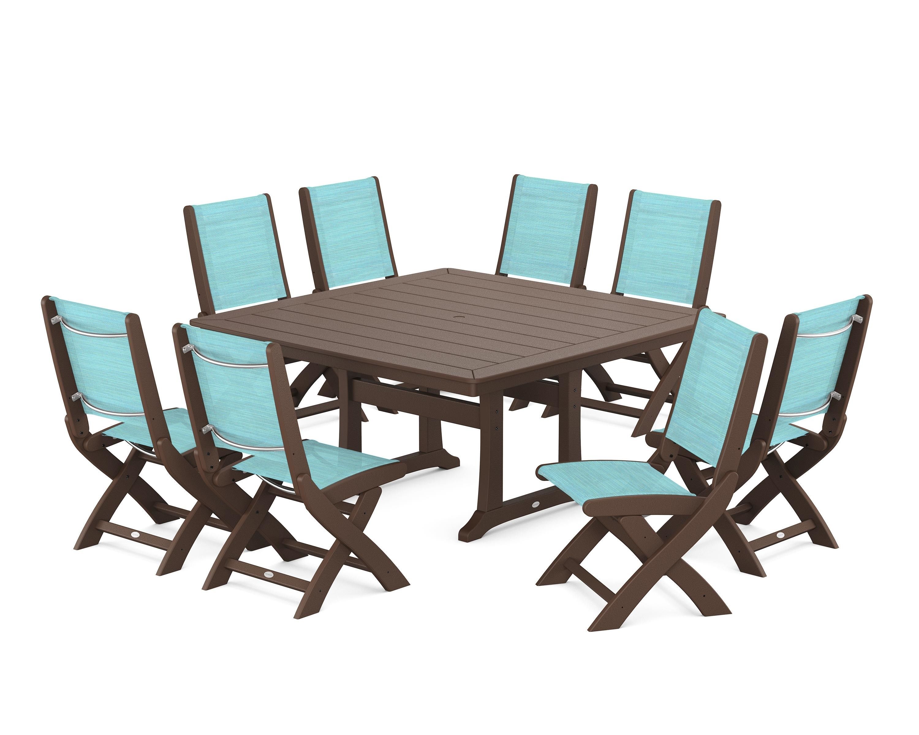 POLYWOOD® Coastal Folding Side Chair 9-Piece Dining Set with Trestle Legs in Mahogany / Dupioni Aquamarine Sling
