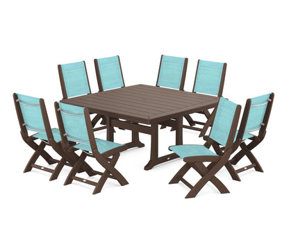 POLYWOOD® Coastal Folding Side Chair 9-Piece Dining Set with Trestle Legs in Mahogany / Dupioni Aquamarine Sling