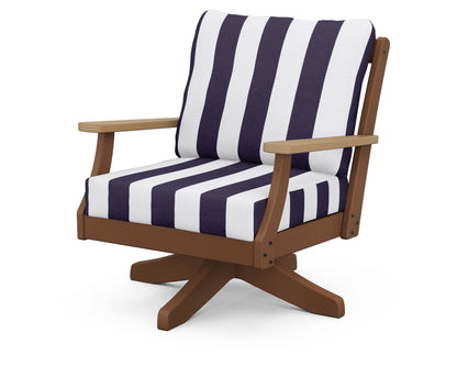 POLYWOOD® Braxton Deep Seating Swivel Chair in Teak / Natural / Cabana Stripe Navy