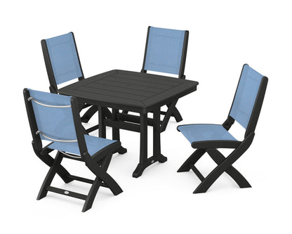POLYWOOD® Coastal Folding Side Chair 5-Piece Dining Set with Trestle Legs in Black / Poolside Sling