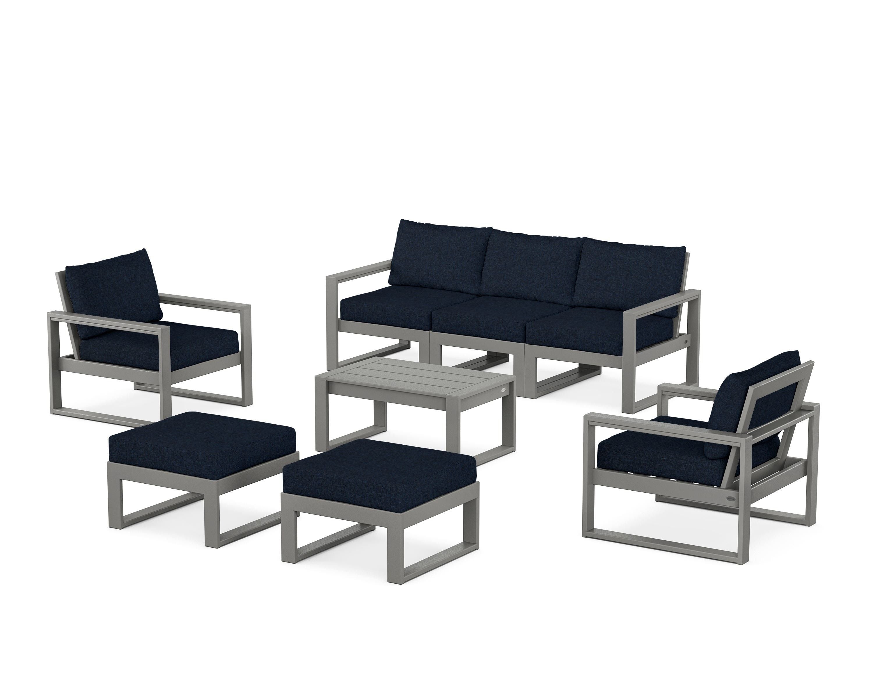 POLYWOOD® EDGE Sectional 8-Piece Lounge Sofa Set in Slate Grey / Marine Indigo