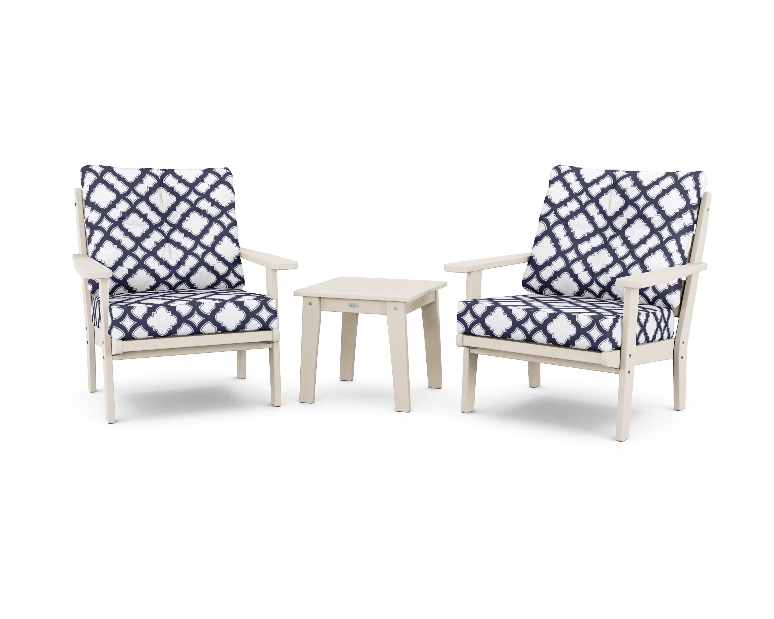 POLYWOOD® Lakeside 3-Piece Deep Seating Chair Set in Sand / Trellis Navy