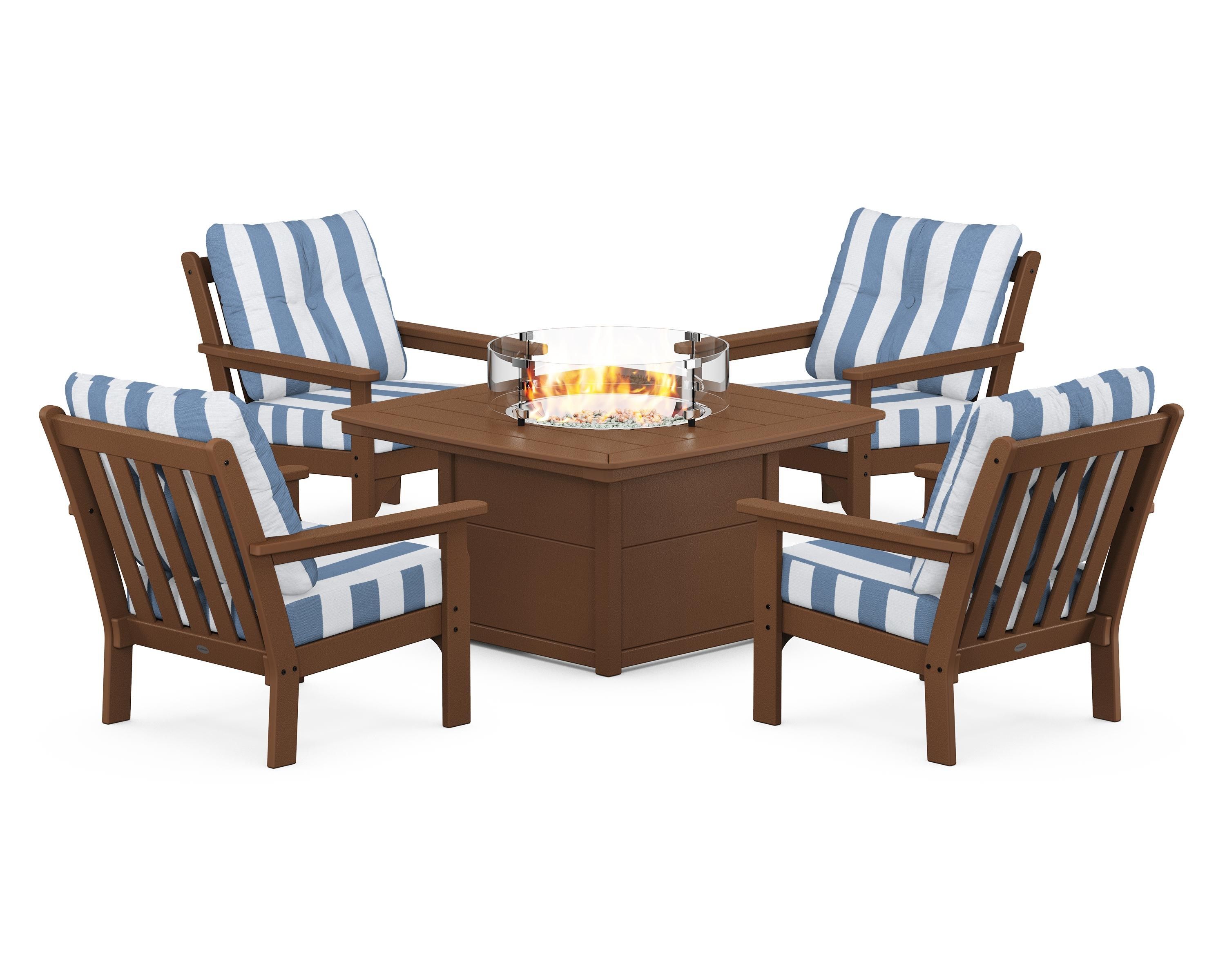 POLYWOOD® Vineyard 5-Piece Conversation Set with Fire Pit Table in Teak / Cabana Stripe Sky Blue