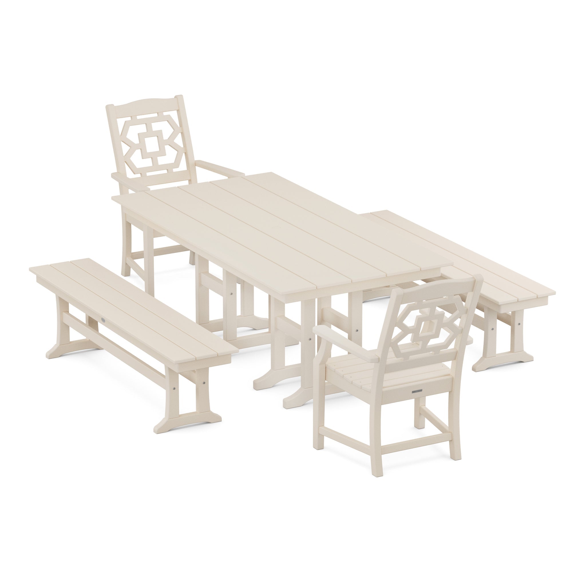 Chinoiserie 5-Piece Farmhouse Dining Set with Benches