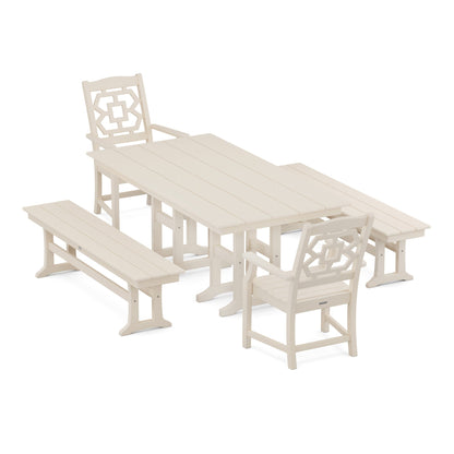 Chinoiserie 5-Piece Farmhouse Dining Set with Benches