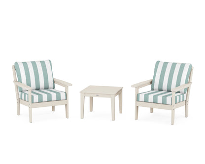 Country Living Cottage 3-Piece Deep Seating Set in Sand / Cabana Stripe Glacier Spa