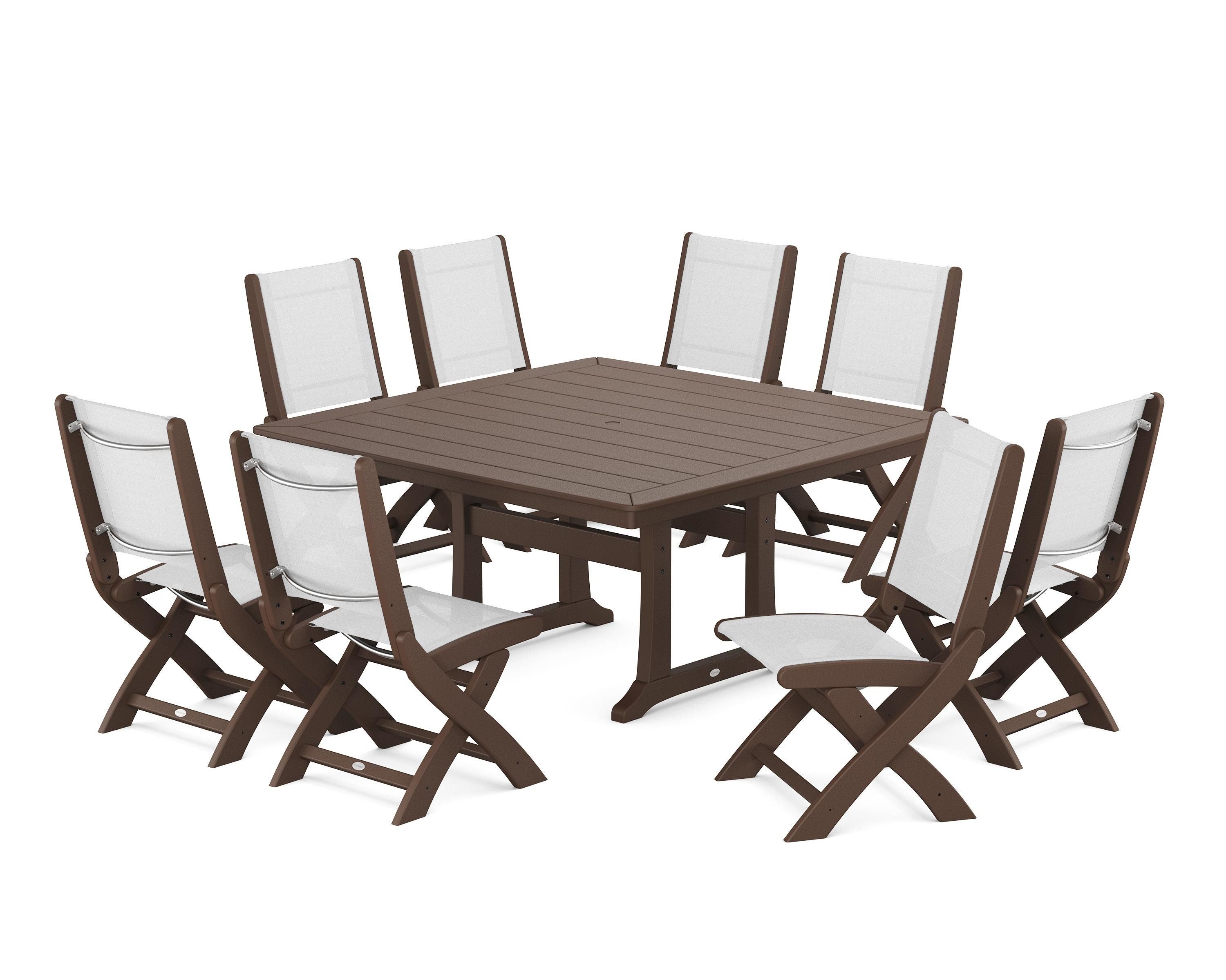 POLYWOOD® Coastal Folding Side Chair 9-Piece Dining Set with Trestle Legs in Mahogany / White Sling