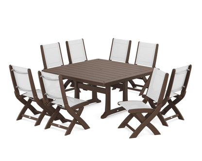 POLYWOOD® Coastal Folding Side Chair 9-Piece Dining Set with Trestle Legs in Mahogany / White Sling