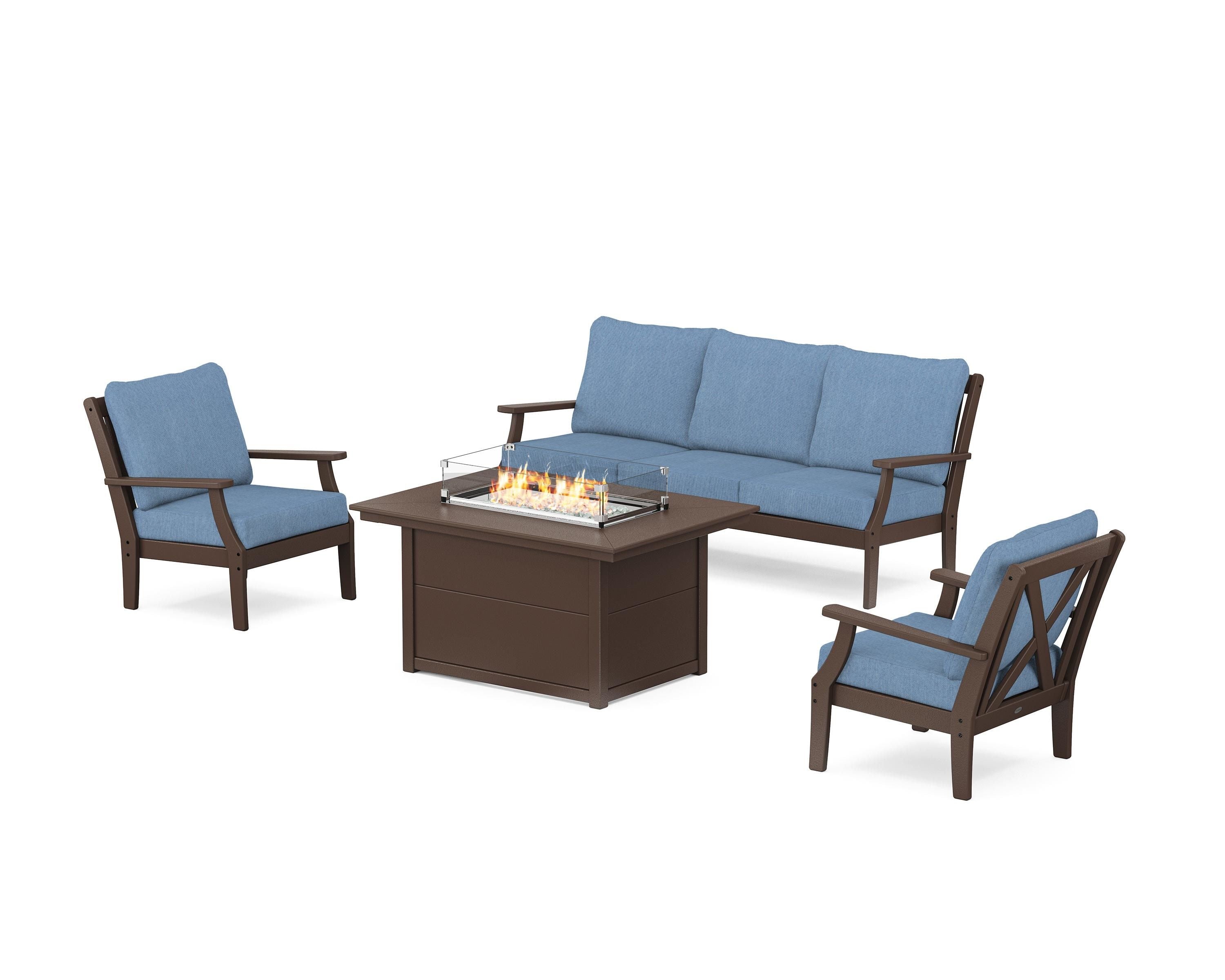 POLYWOOD® Braxton Deep Seating Fire Pit Table Set in Mahogany / Sky Blue