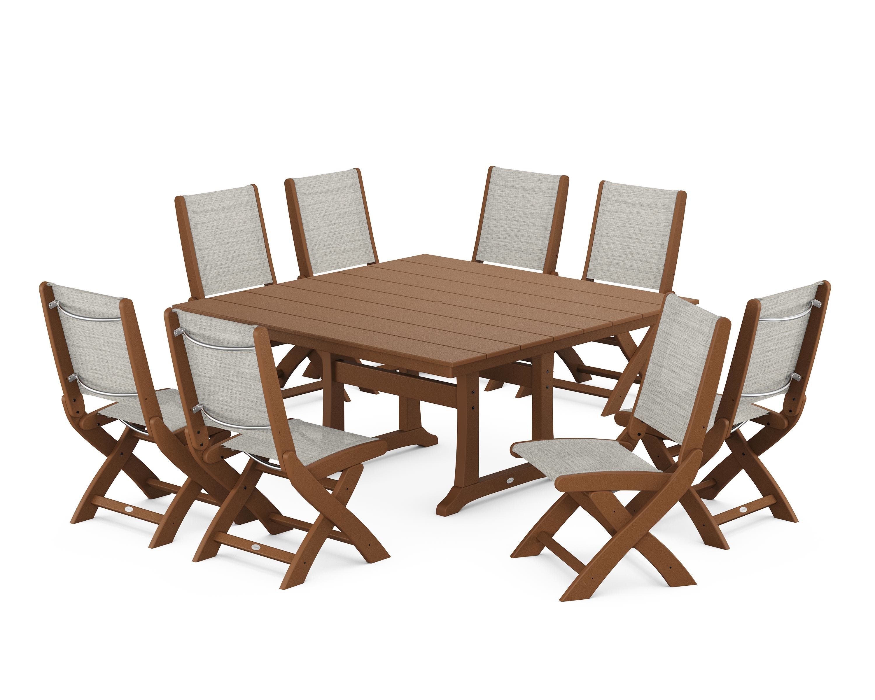 POLYWOOD® Coastal Folding Side Chair 9-Piece Farmhouse Dining Set in Teak / Birch Sling
