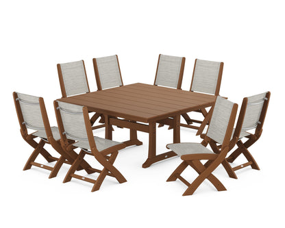 POLYWOOD® Coastal Folding Side Chair 9-Piece Farmhouse Dining Set in Teak / Birch Sling