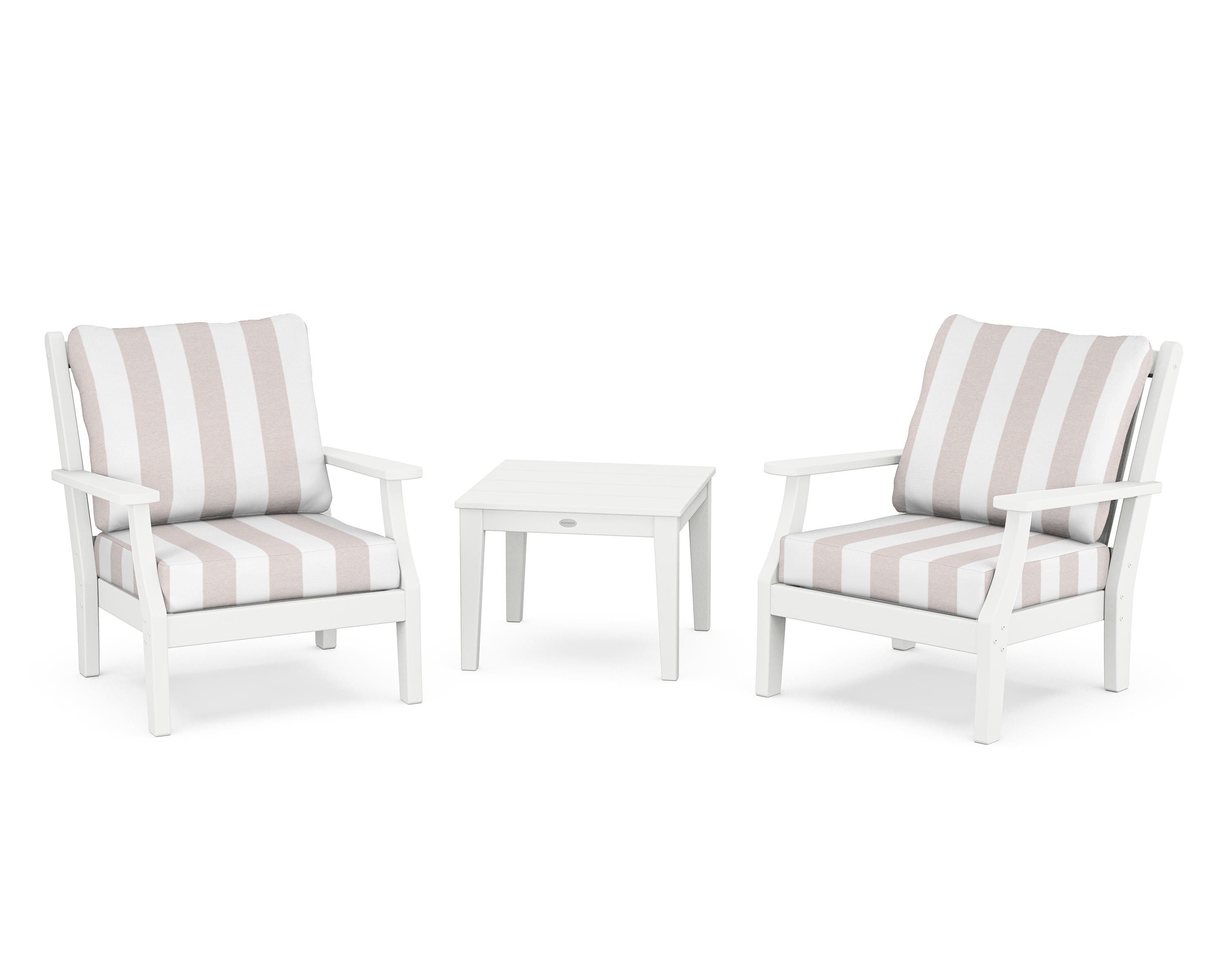 Country Living Wovendale 3-Piece Deep Seating Set in White / Cabana Stripe Dune Burlap