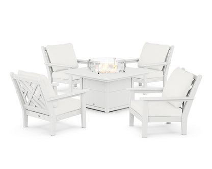 POLYWOOD® Chippendale 5-Piece Deep Seating Set with Fire Pit Table in White / Natural Linen