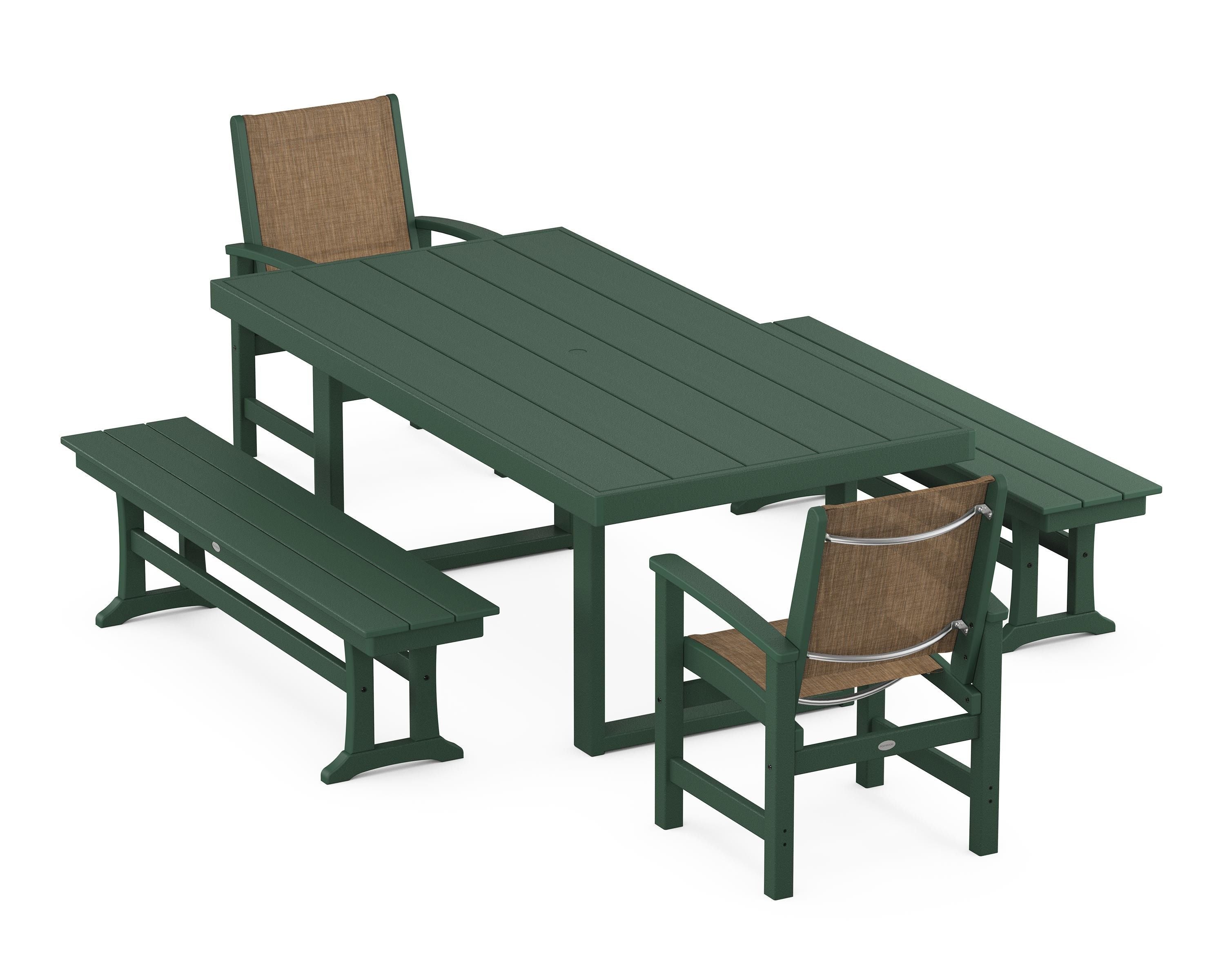 POLYWOOD® Coastal 5-Piece Dining Set with Trestle Legs in Green / Burlap Sling