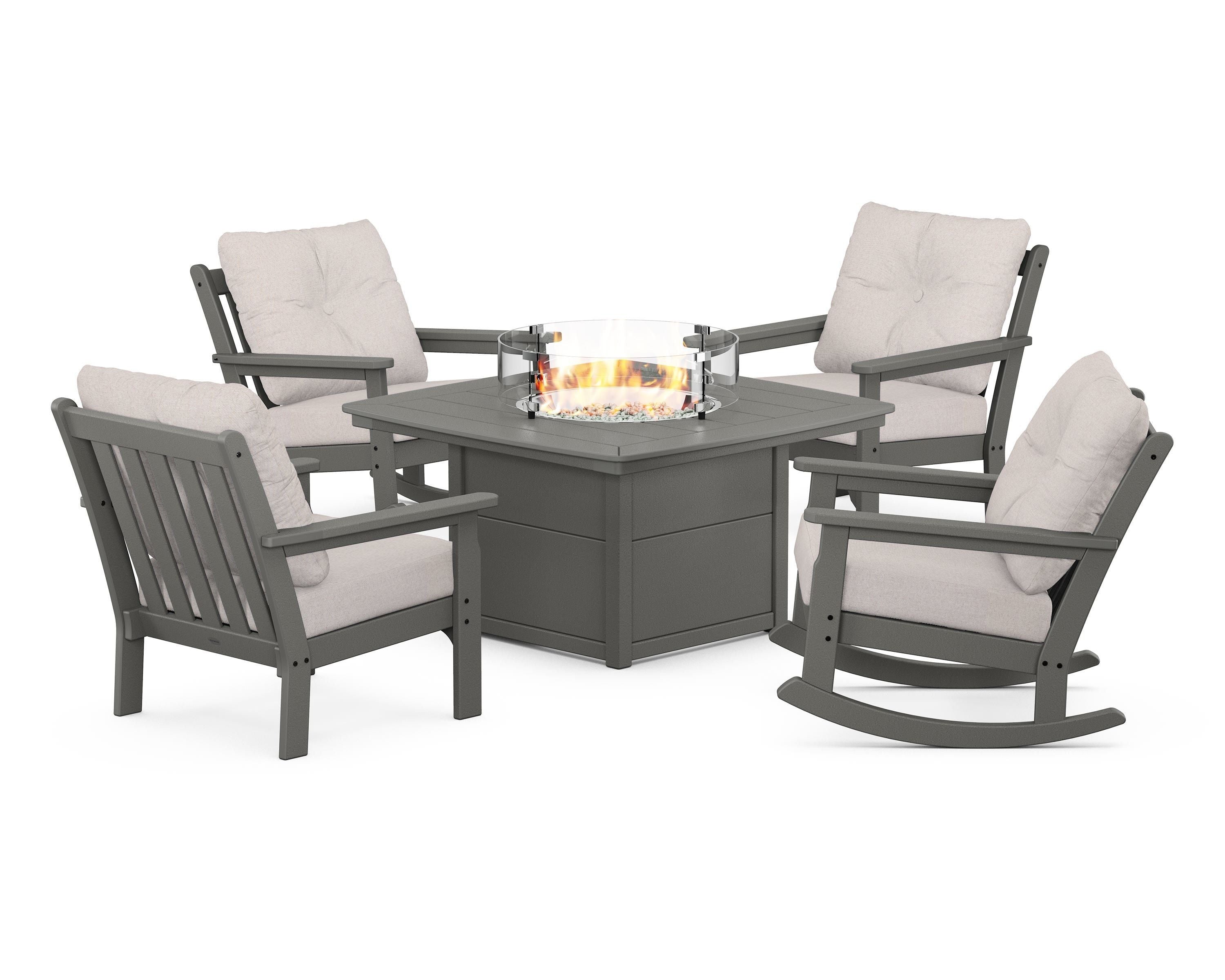 POLYWOOD® Vineyard 5-Piece Deep Seating Rocking Chair Conversation Set with Fire Pit Table in Slate Grey / Dune Burlap