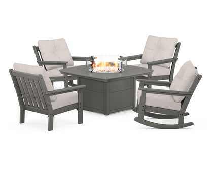 POLYWOOD® Vineyard 5-Piece Deep Seating Rocking Chair Conversation Set with Fire Pit Table in Slate Grey / Dune Burlap