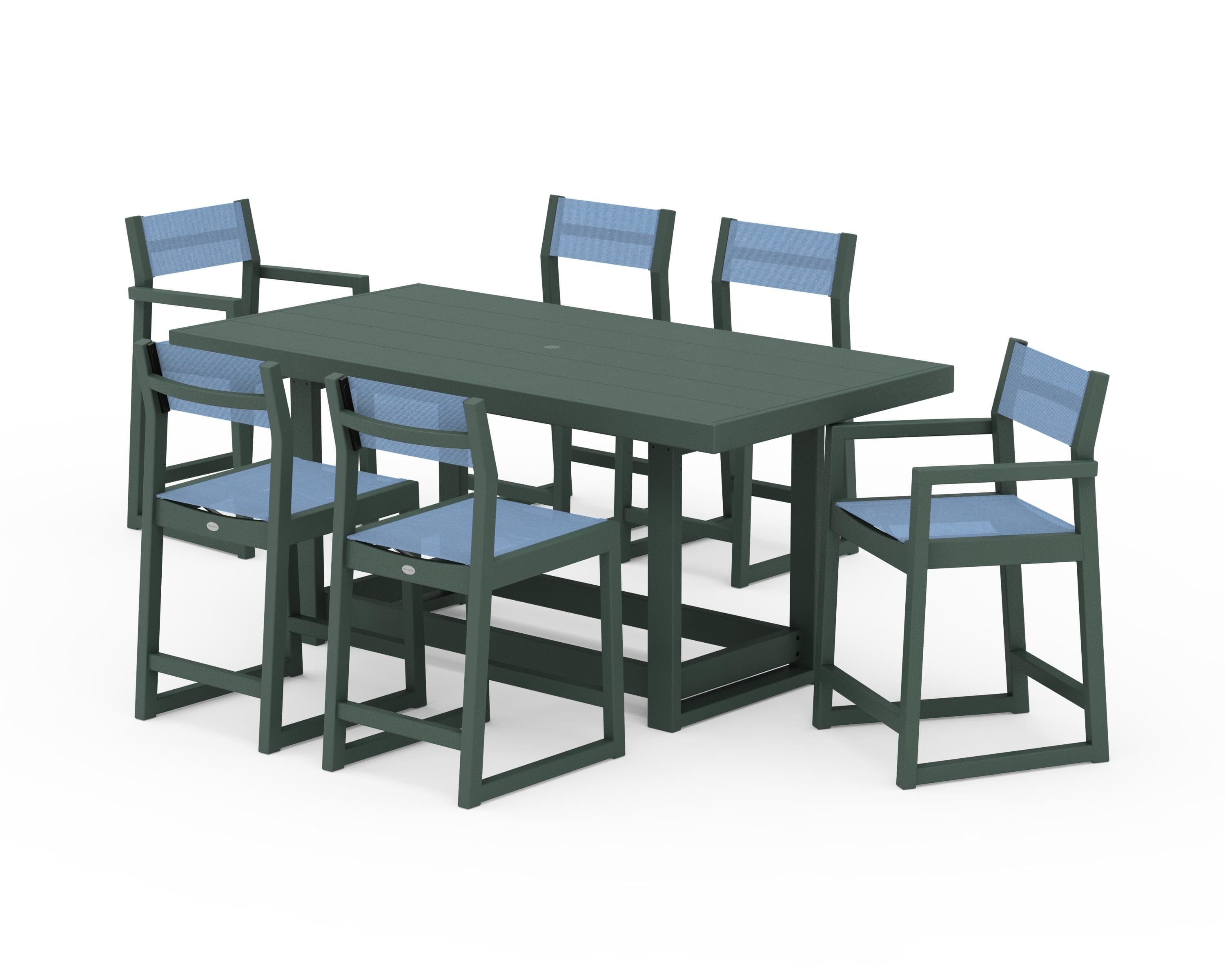 POLYWOOD® EDGE Sling 7-Piece Counter Table Set in Green / Poolside Sling