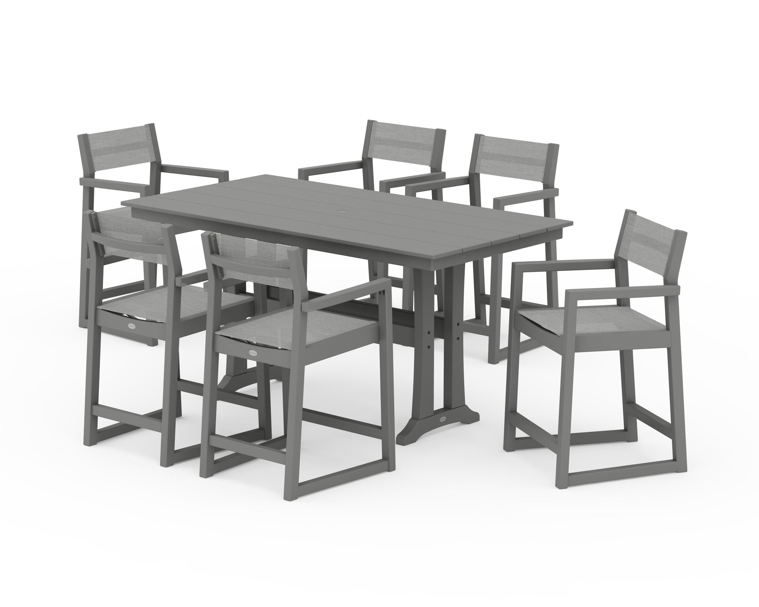 POLYWOOD® EDGE Sling Arm Chair 7-Piece Farmhouse Counter Set with Trestle Legs in Slate Grey / Metallic Sling