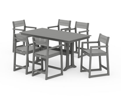 POLYWOOD® EDGE Sling Arm Chair 7-Piece Farmhouse Counter Set with Trestle Legs in Slate Grey / Metallic Sling
