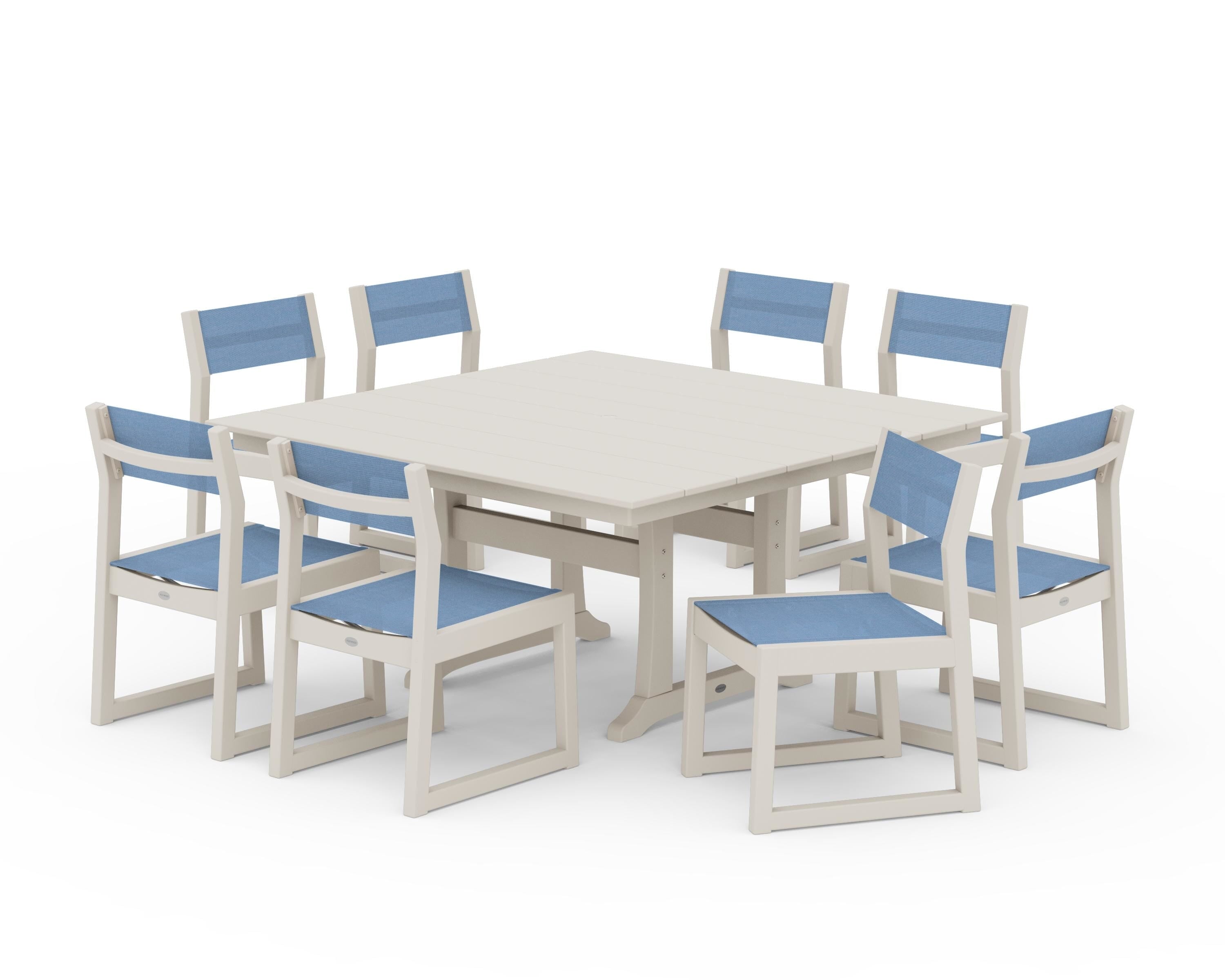 POLYWOOD® EDGE Sling Side Chair 9-Piece Farmhouse Trestle Dining Set in Sand / Poolside Sling