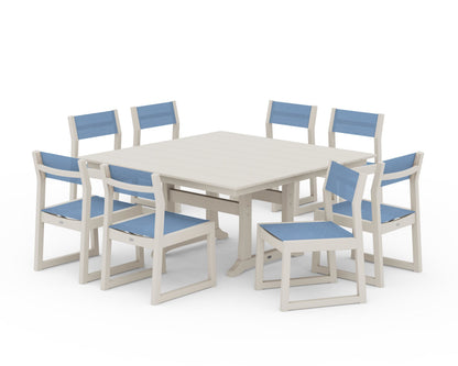 POLYWOOD® EDGE Sling Side Chair 9-Piece Farmhouse Trestle Dining Set in Sand / Poolside Sling