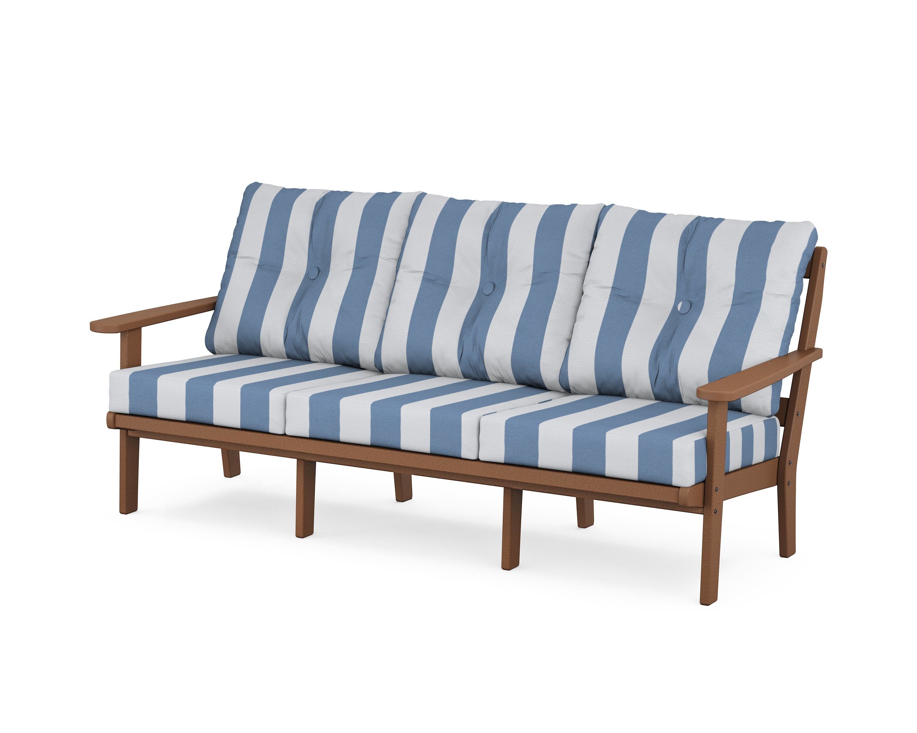 POLYWOOD® Mission Deep Seating Sofa in Teak / Cabana Stripe Sky Blue