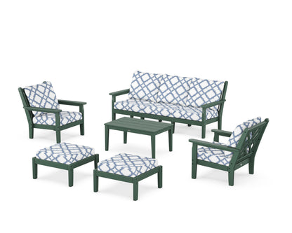 POLYWOOD® Chippendale 6-Piece Lounge Sofa Set in Green / Trellis Sky Blue