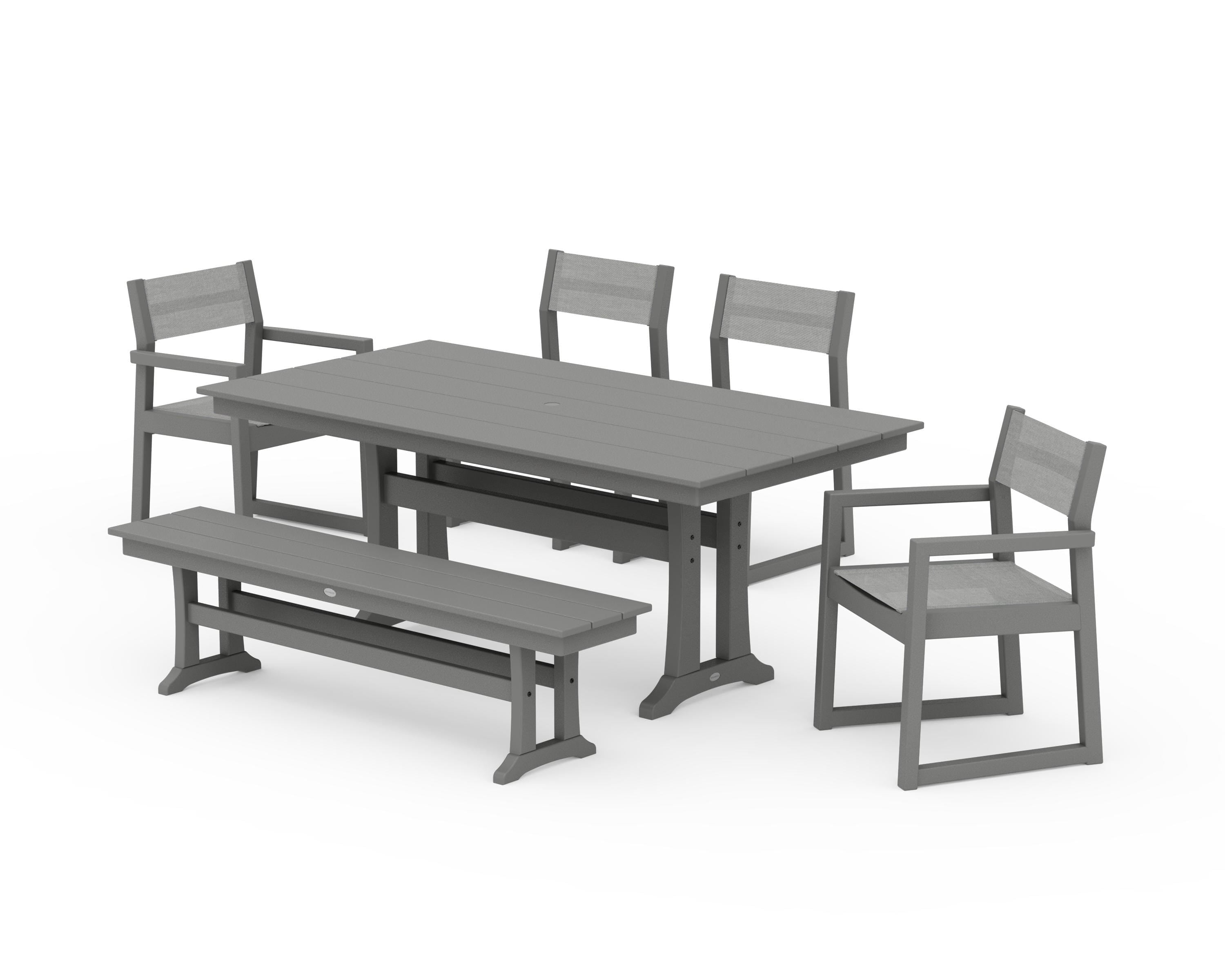 POLYWOOD® EDGE Sling 6-Piece Farmhouse Dining Set With Trestle Legs in Slate Grey / Metallic Sling