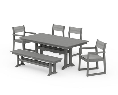 POLYWOOD® EDGE Sling 6-Piece Farmhouse Dining Set With Trestle Legs in Slate Grey / Metallic Sling
