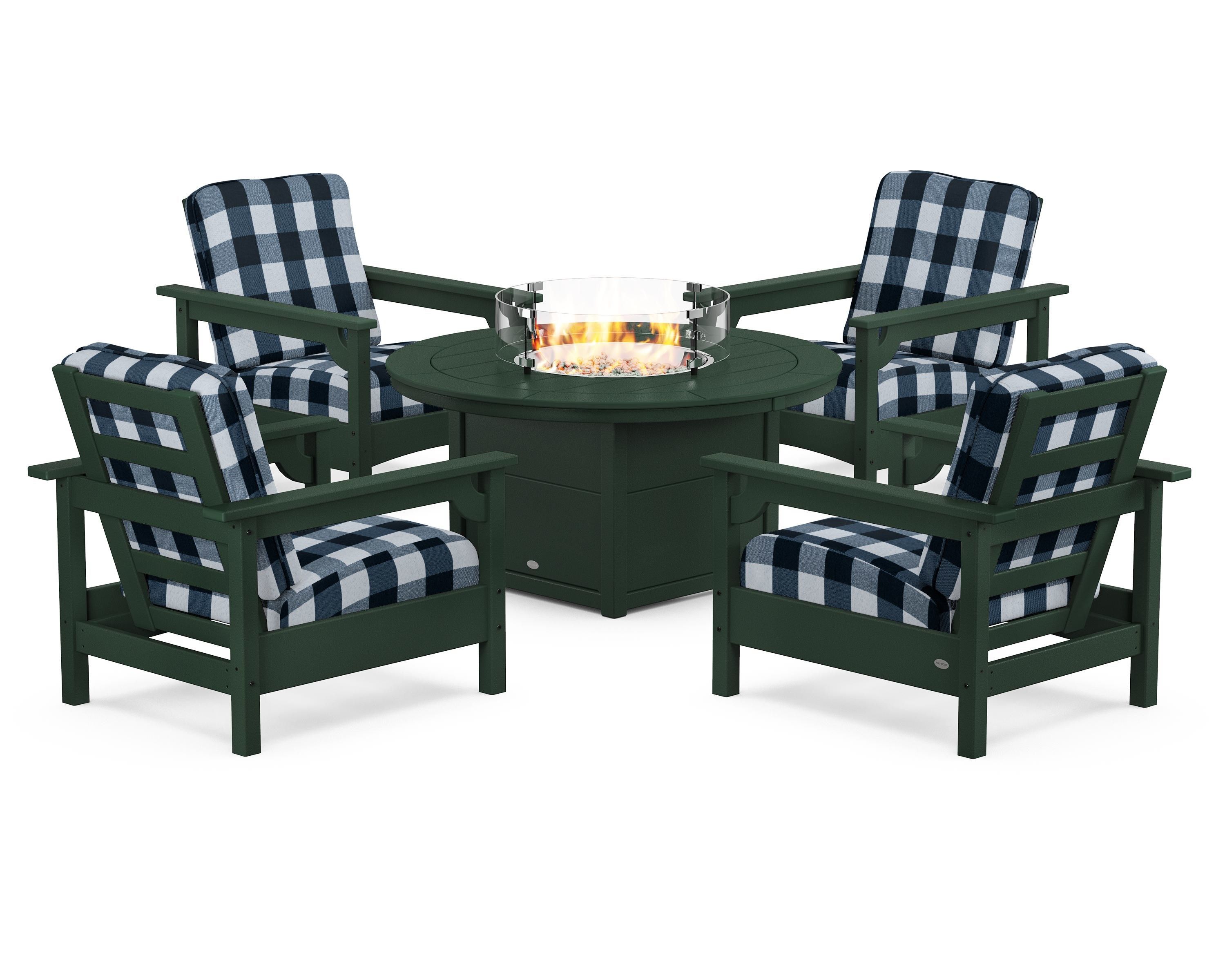 POLYWOOD® Club 5-Piece Conversation Set with Fire Pit Table in Green / Buffalo Plaid Marine Indigo